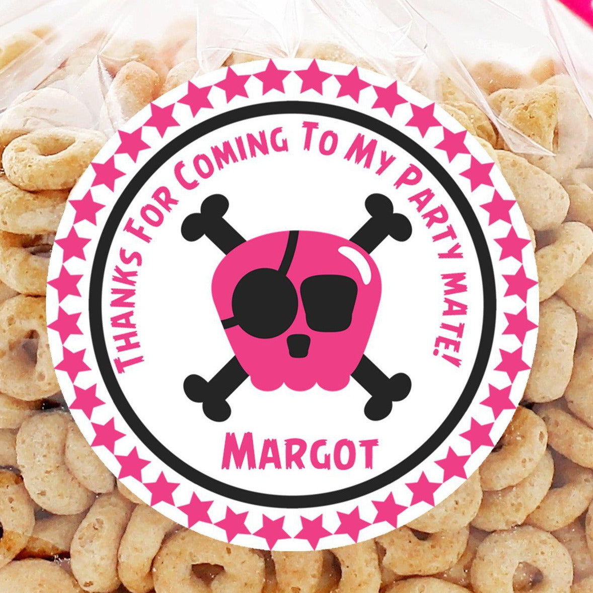 Personalized hot pink pirate sticker for birthday treats