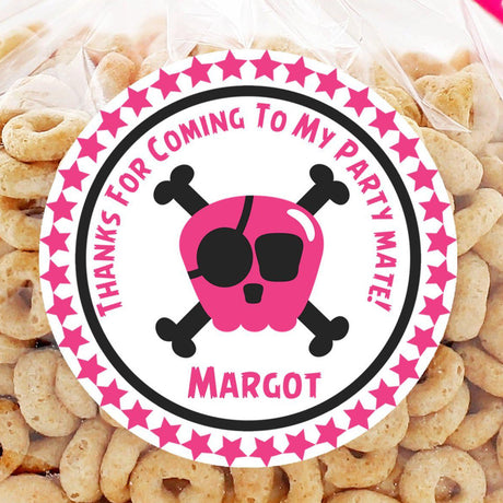 Personalized hot pink pirate sticker for birthday treats