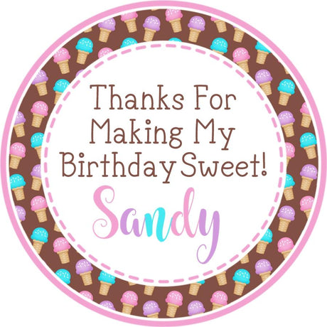 Personalized ice cream birthday sticker with pastel ice cream cone border