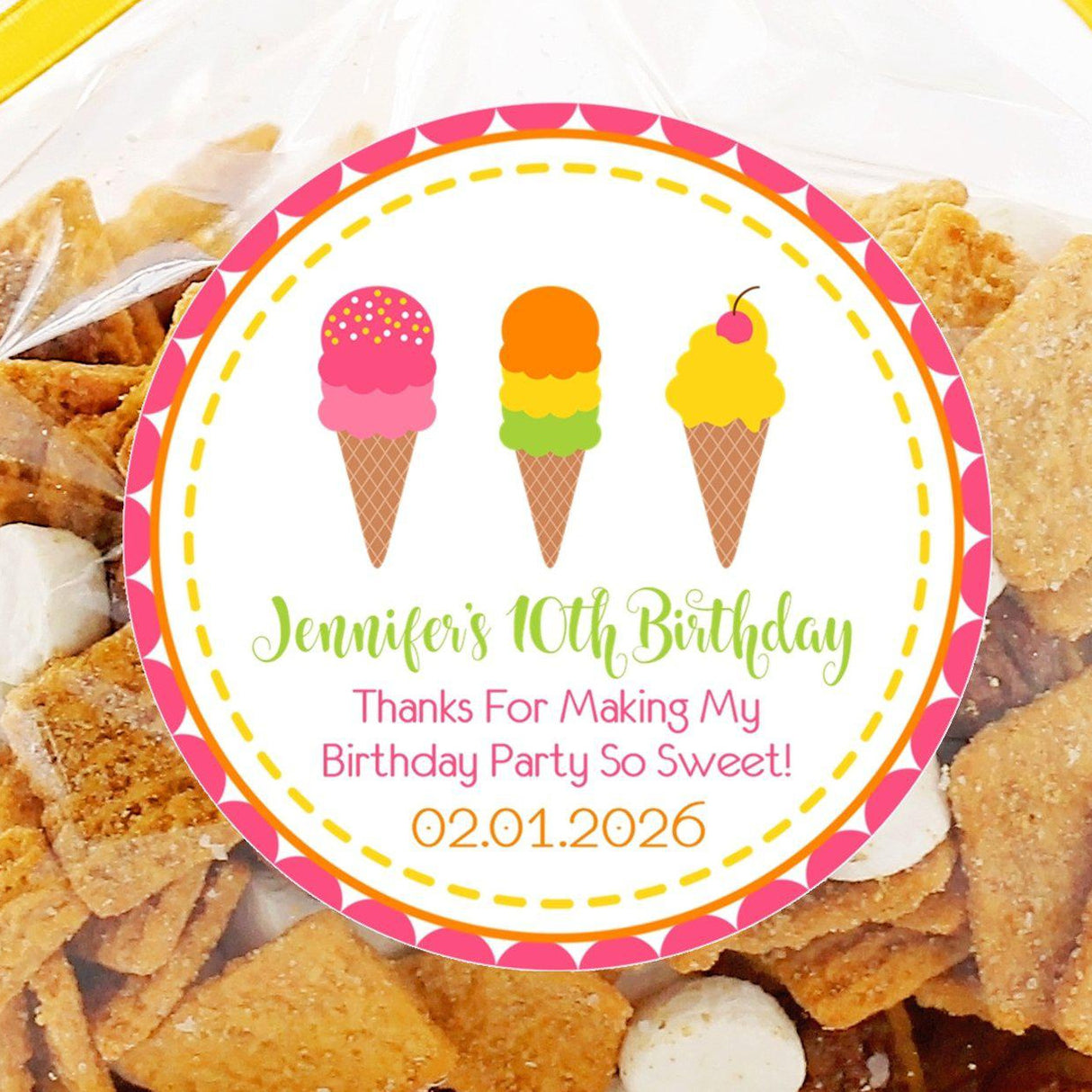 Personalized ice cream theme sticker for birthday treat bags