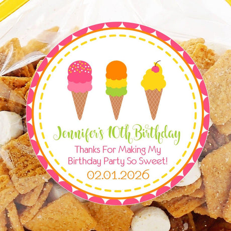 Personalized ice cream theme sticker for birthday treat bags