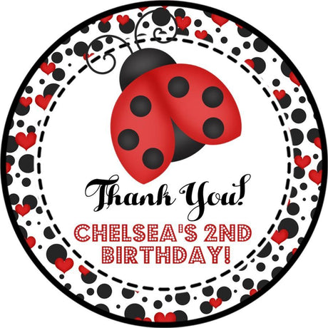 Personalized ladybug birthday sticker with heart border