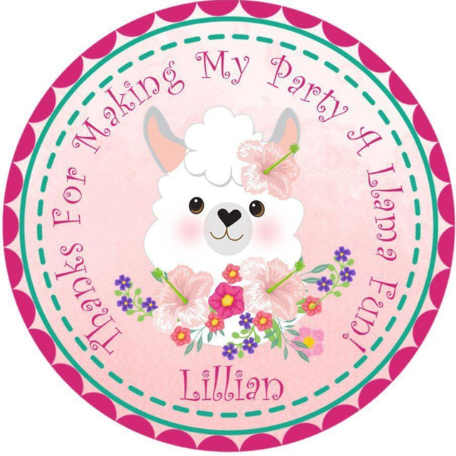 Personalized llama party favor sticker with flowers