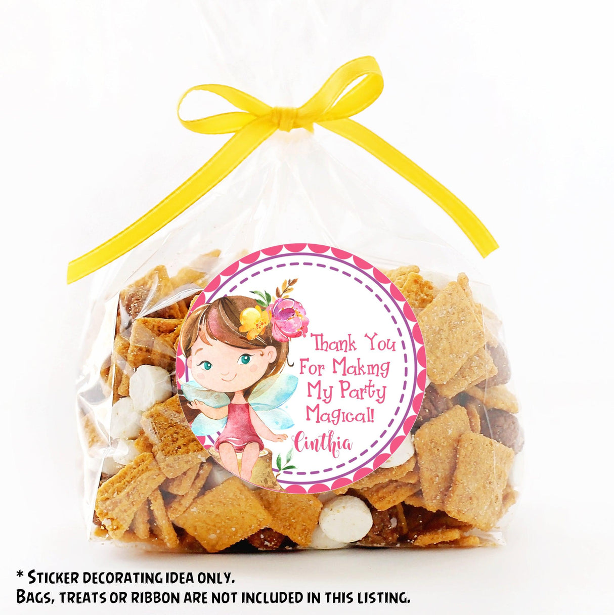 Personalized magical fairy sticker for girl birthday favors.