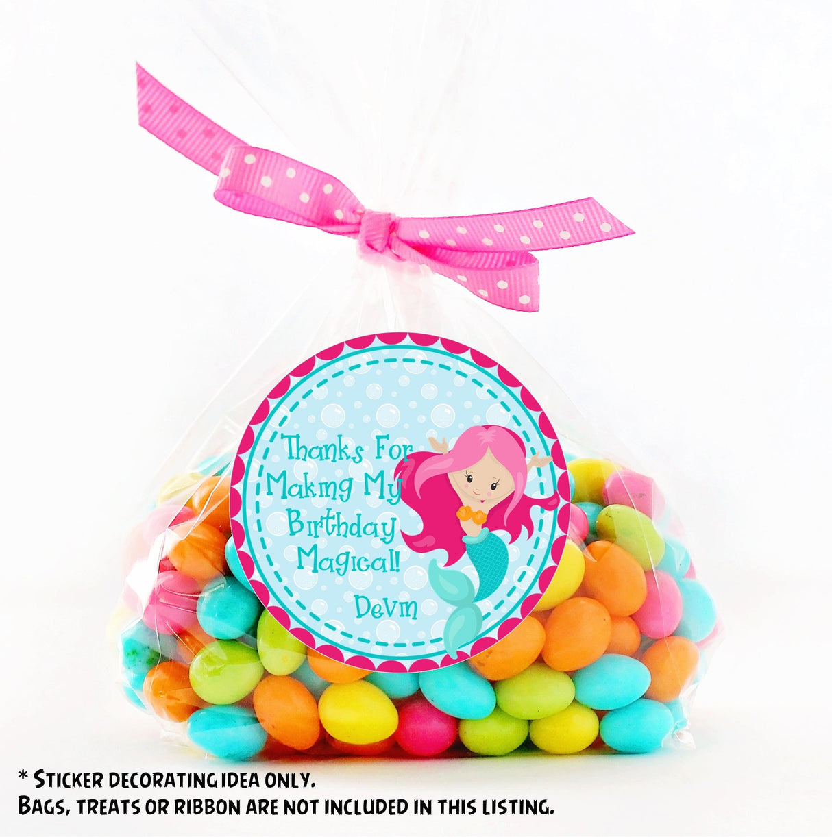 Personalized mermaid birthday sticker with hot pink border and teal details