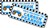 Personalized monster truck school label featuring blue truck and flame accents