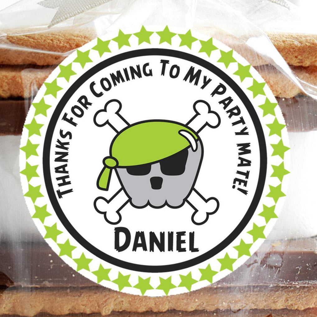 Personalized neon green pirate sticker for birthday treats