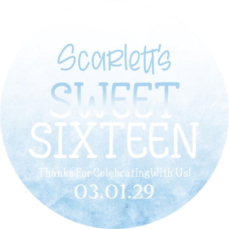 Personalized pastel blue Sweet 16 party favor label