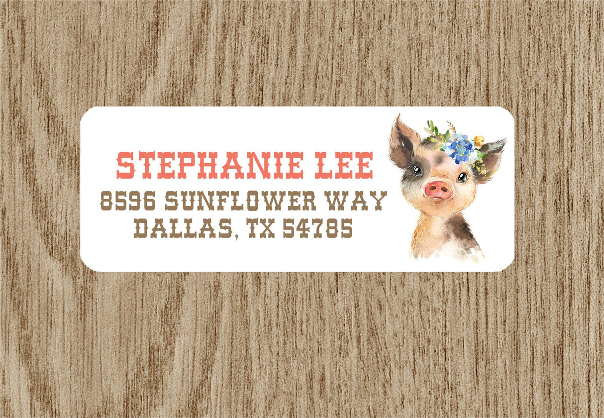Personalized pig address labels with flower crown
