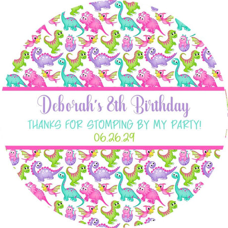 Personalized pink and purple dinosaur party favor label