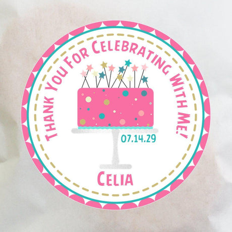 Personalized pink and turquoise cake party favor label
