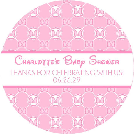 Personalized pink baby shower favor sticker with Minnie theme