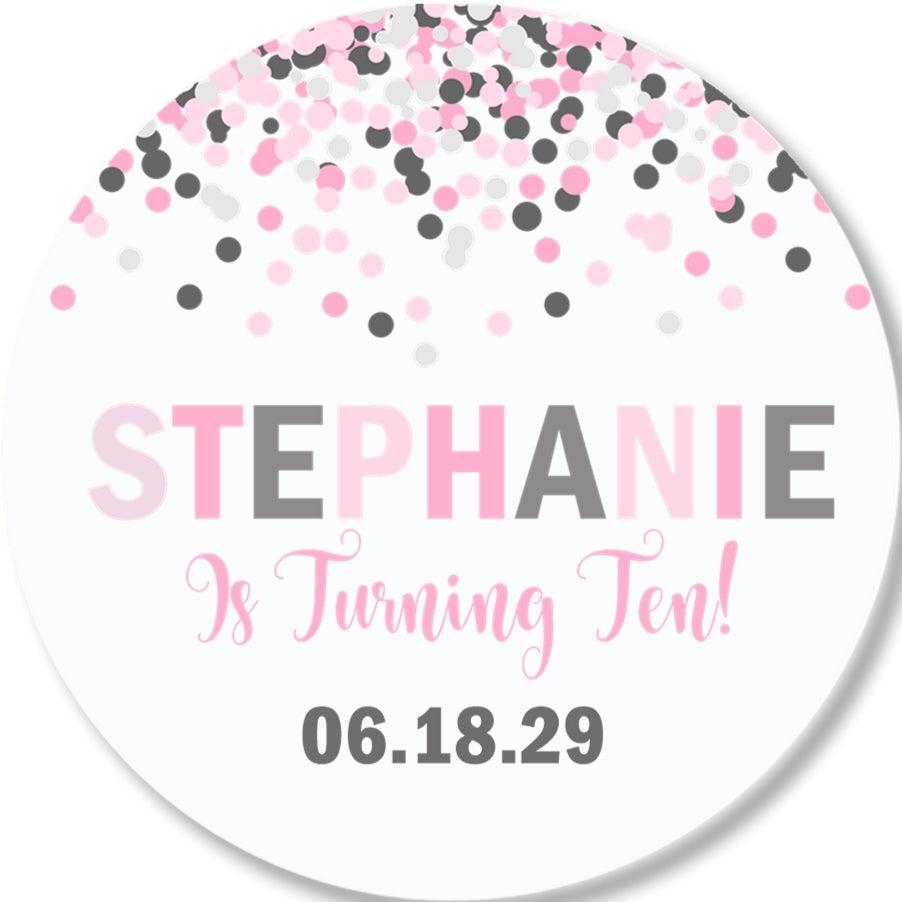 Personalized pink confetti party favor label