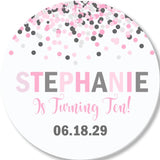 Personalized pink confetti party favor label