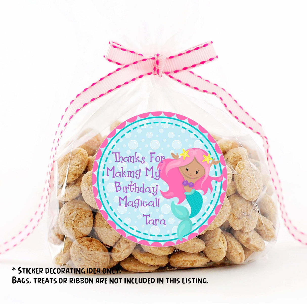 Personalized pink mermaid sticker with scalloped border