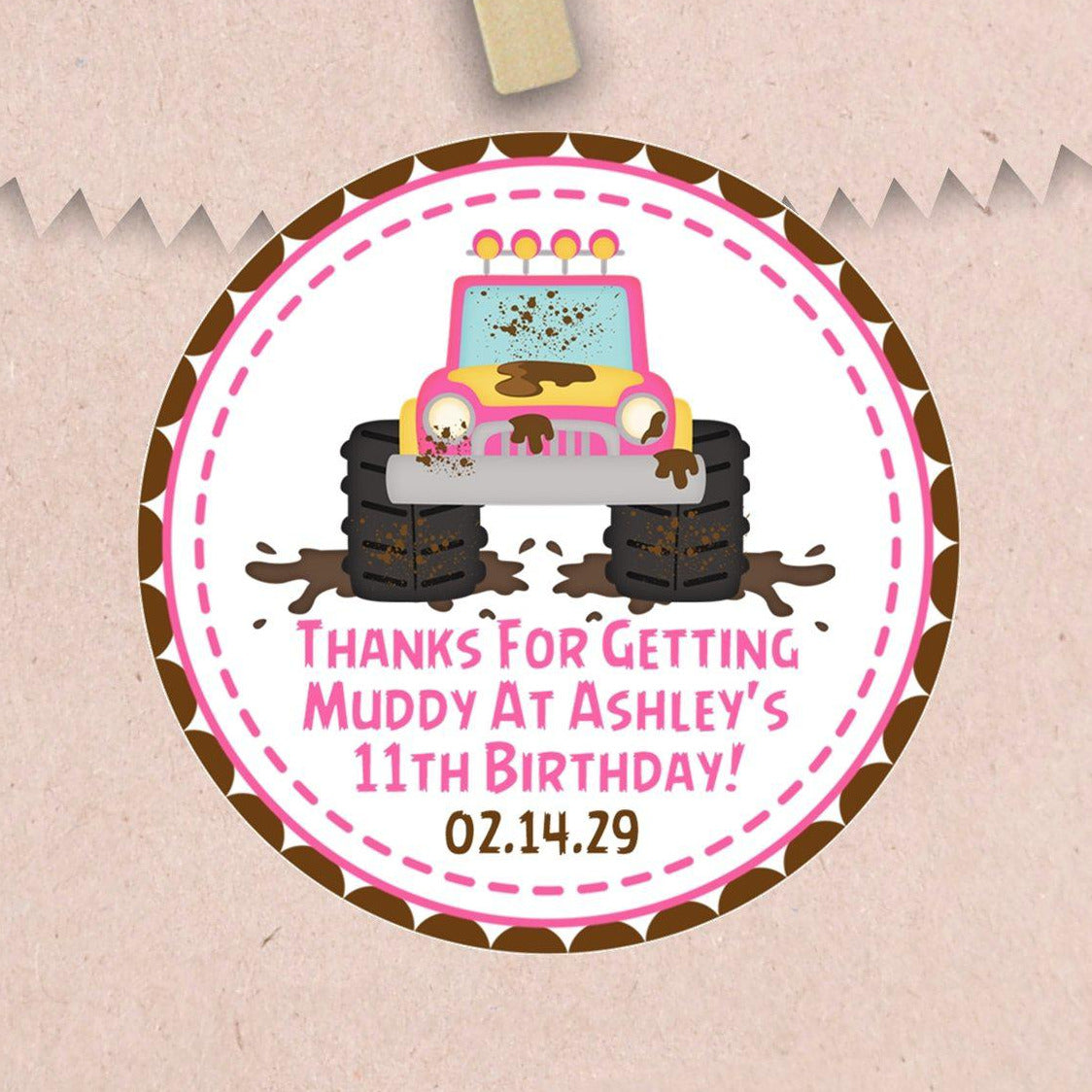 Personalized pink muddy truck party favor label