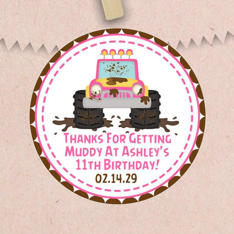Personalized pink muddy truck party favor label