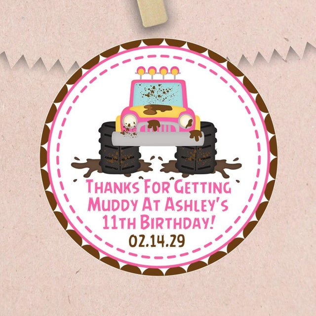 Personalized pink muddy truck party favor label