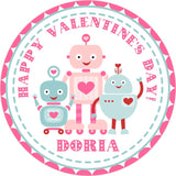 Personalized pink robot classroom Valentine sticker with cute Valentine graphics