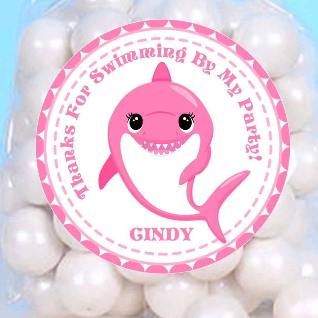 Personalized pink shark party favor label