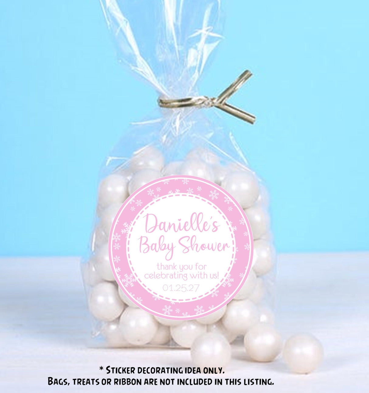 Personalized pink winter baby shower favor sticker