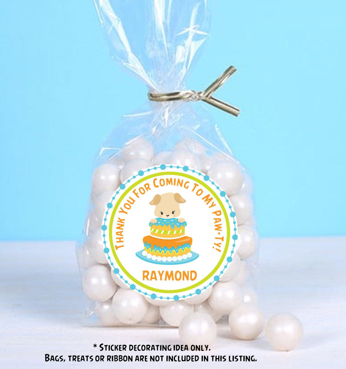 Personalized puppy cake party favor label in blue and lime