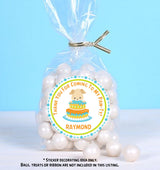Personalized puppy cake party favor label in blue and lime