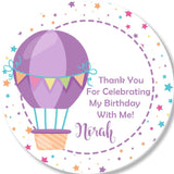 Personalized purple hot air balloon party favor label