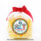 Personalized robot party favor sticker with bold primary color border