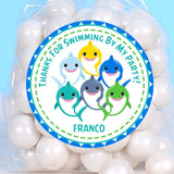 Personalized shark party favor label in blue yellow green