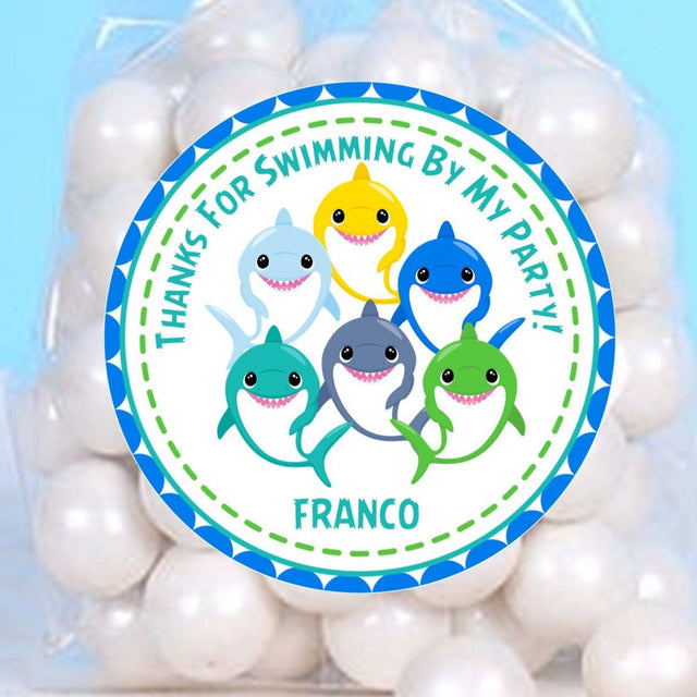 Personalized shark party favor label in blue yellow green