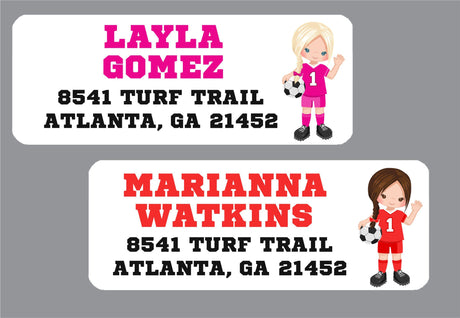 Personalized soccer return address stickers for girls