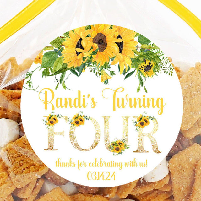Personalized sunflower party favor label with custom age