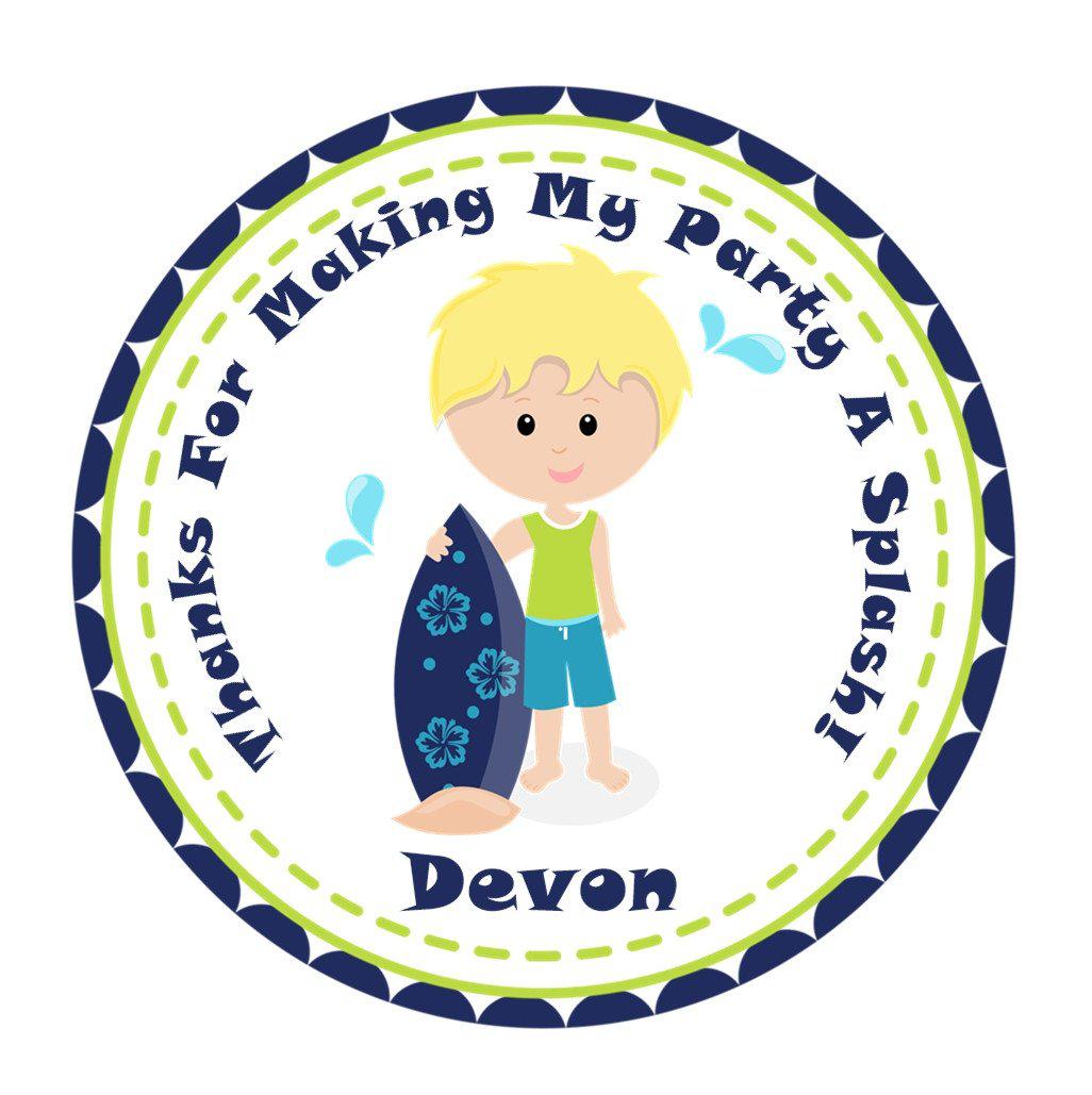 Personalized surfing party favor sticker for boys