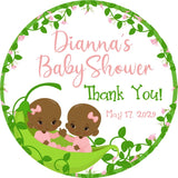 Personalized twin baby favor sticker with green vine and plaid design