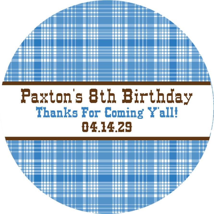 Personalized western party favor labels in blue