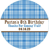 Personalized western party favor labels in blue