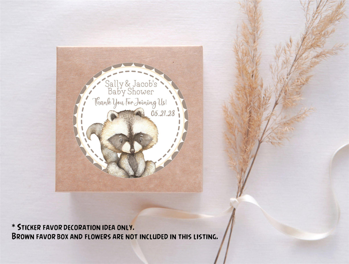 Personalized woodland theme stickers for gender neutral baby shower.