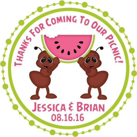 Picnic party stickers with ants holding watermelon