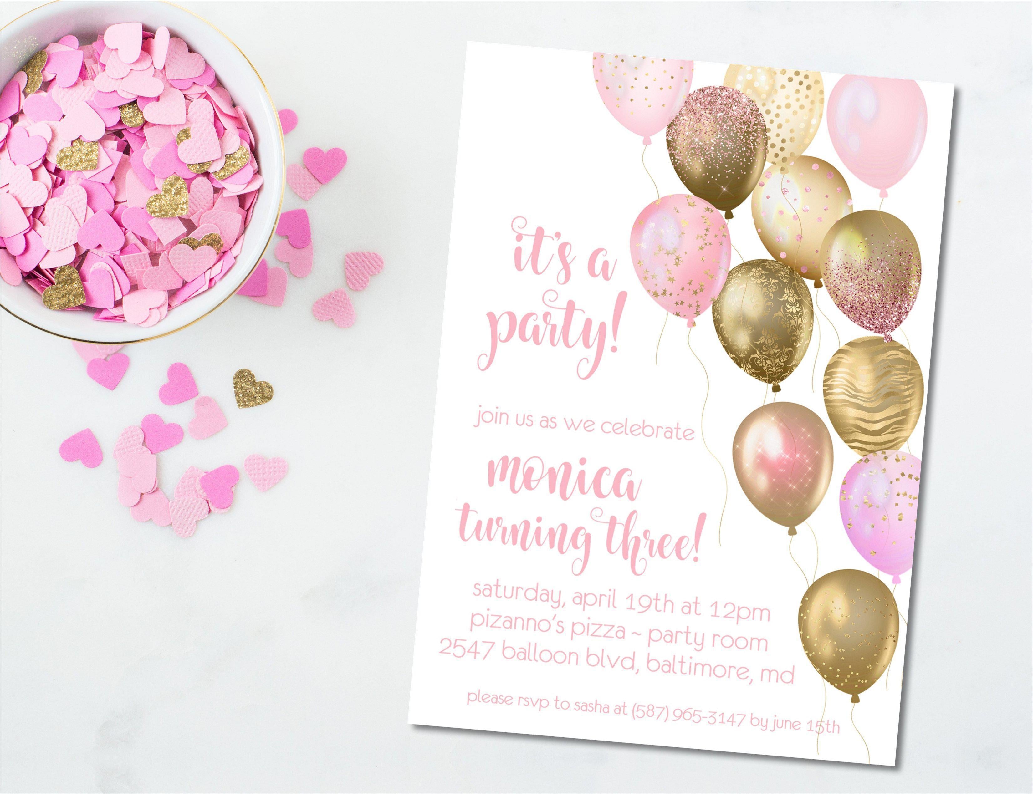 Pink And Gold Balloon Birthday Party Invitations
