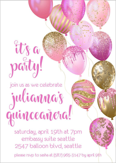 Pink And Gold Balloon Quinceanera Invitations