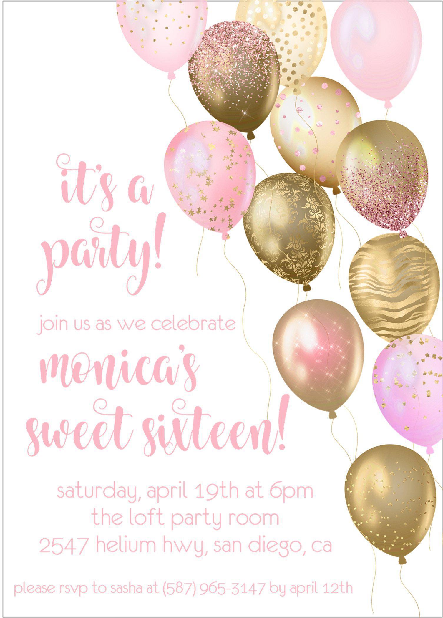 Pink And Gold Balloon Sweet 16 Party Invitations