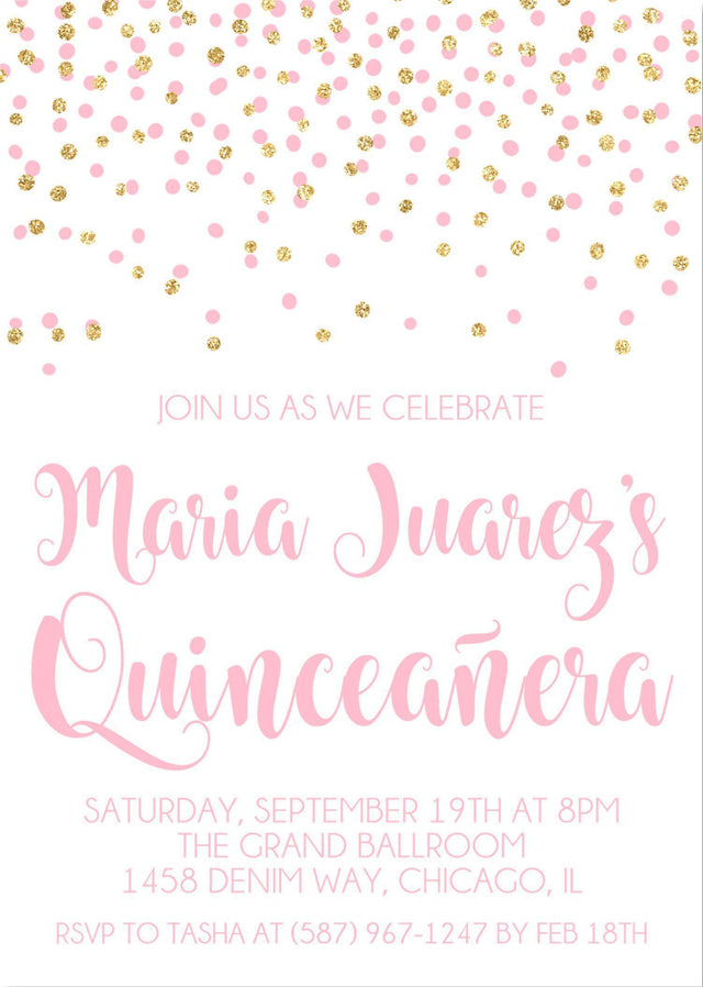Pink And Gold Confetti Quinceanera Invitations