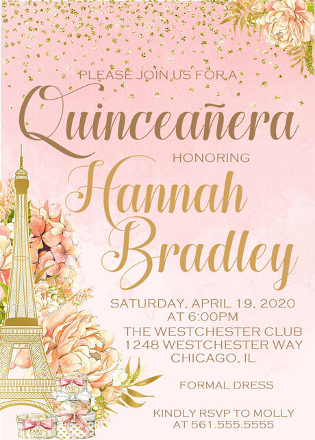 Pink And Gold Paris Quinceanera Invitations