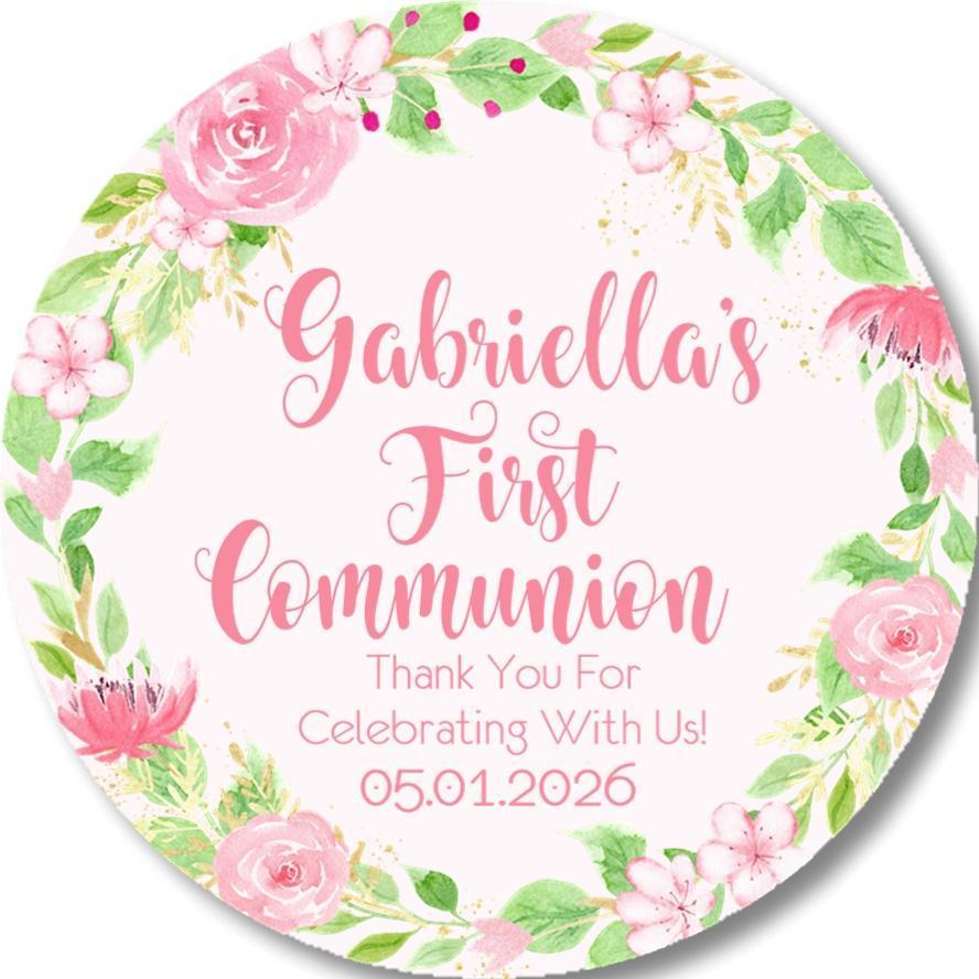 Pink And Green Floral First Communion Stickers Or Favor Tags