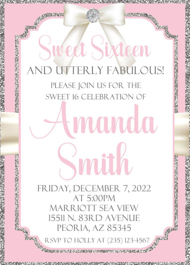 Pink And Silver Sweet 16 Party Invitations