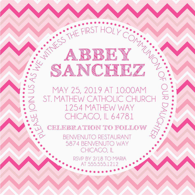 Pink And White Chevron First Communion Invitations