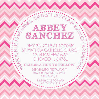 Pink And White Chevron First Communion Invitations