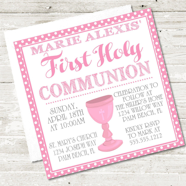 Pink And White First Communion Invitations
