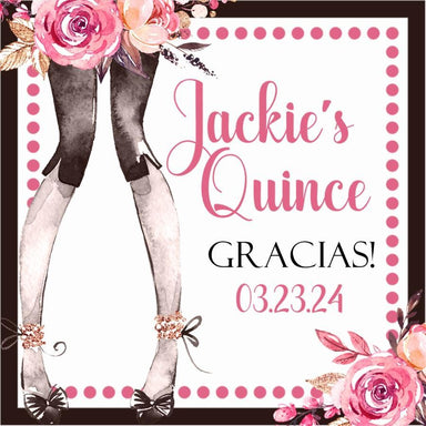 Pink & Black Quinceanera Stickers Or Favor Tags